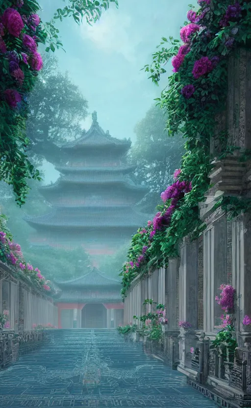 Image similar to vanishing point, palace covered with aqua blue roses like the forbidden city in distance at the red rose royal manor, viewed from afar, stephen bliss, misty, unreal engine, fantasy art by greg rutkowski, loish, ferdinand knab, and lois van rossdraws,, global illumination, radiant light, minimalist, detailed and intricate environment