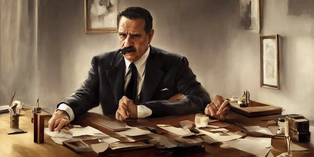 Image similar to beautiful oil matte portrait painting, mafia boss holding a cigar at his 5 0 s new york office desk, wonderful masterpiece highly detailed, beautiful cinematic light deep focus, elegant, digital painting, smooth, sharp focus, golden ratio, dramatic illumination, ultra realistic, 8 k, art by jimmy law