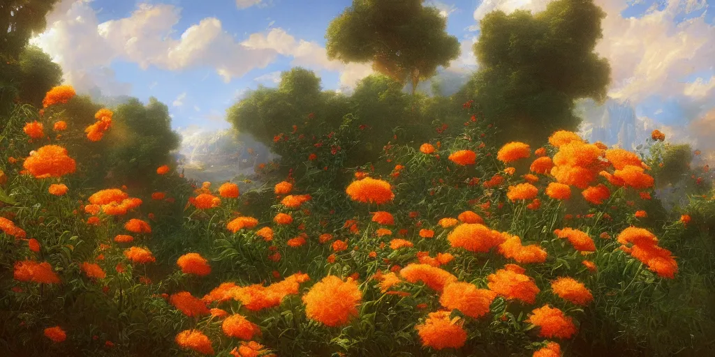 Prompt: orange fluffy cat with flowers growing near, Thomas Cole, artgem, Tyler Edlin and Jean Delville, wide angle, minimalistic, highly detailed, masterpiece