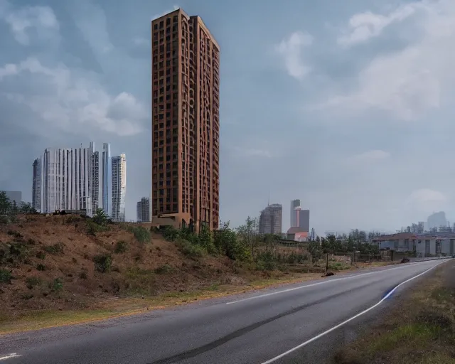 Image similar to a tall building with a brown roof next to a road, a matte painting by zlatyu boyadzhiev, unsplash, new objectivity, hdr, photo taken with provia, photo taken with ektachrome