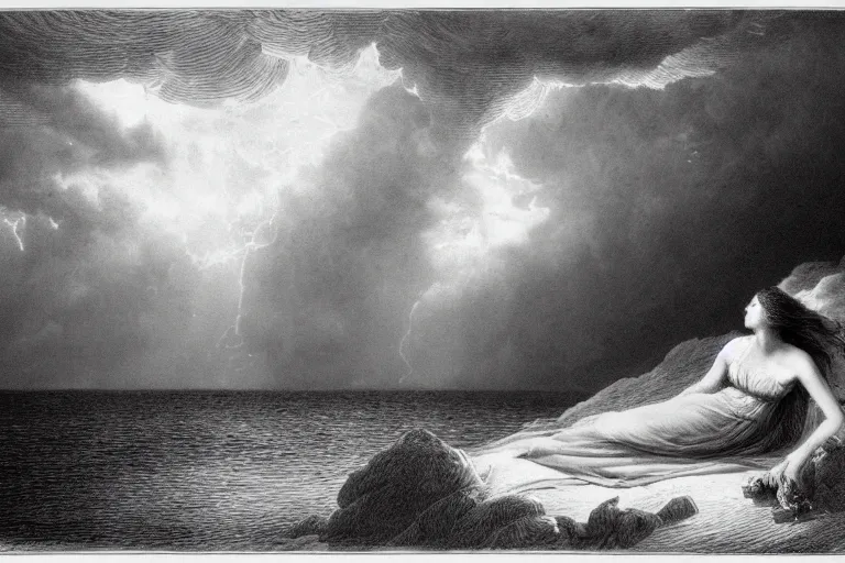 Image similar to black and white, young french woman sits near storm ocean, illuminated by a beam of light through detailed clouds, Gustave Dore lithography