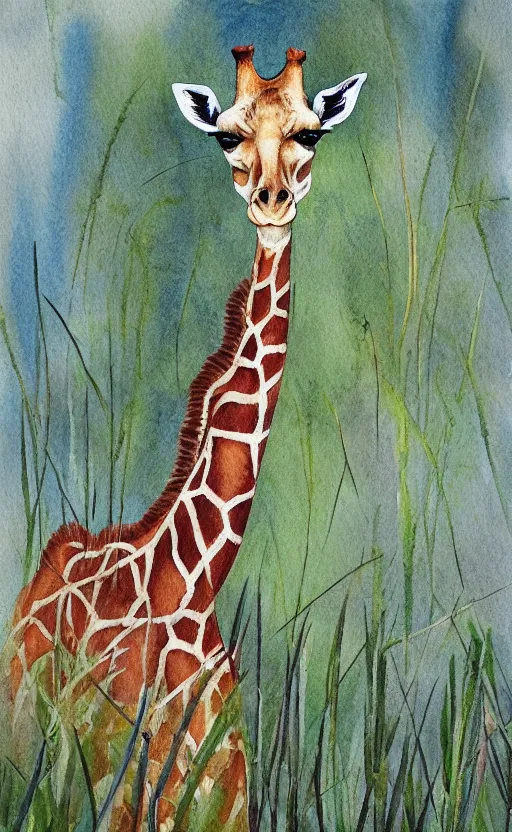 Prompt: pastell colored aquarell painting of a giraffe surrounded by grass and foliage, white background, beautiful composition