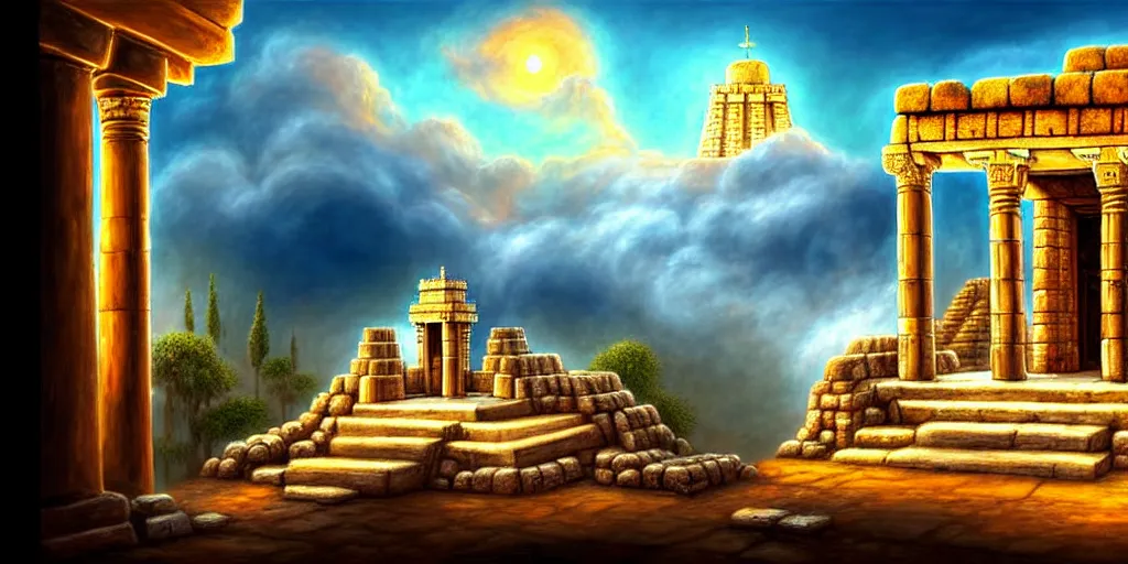 Image similar to illusion painting hidden temple in the clouds : an adorable small fox in the huge ruins of the second temple in jerusalem. a new temple hovers quietly hiding in the dreamy clouds above. a hooded bearded old man in a brown tunic laughing, colorful 8 k, art station, intricate superb details, digital art, illusion painting hidden image.