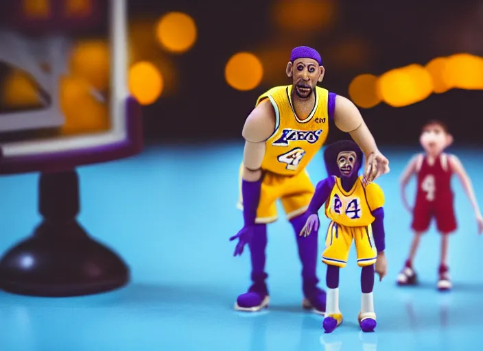 Image similar to cinematic screenshot of a stop motion claymation film about a wacky adventure starring kobe bryant, shallow depth of field, 1 8 mm, f 1. 8