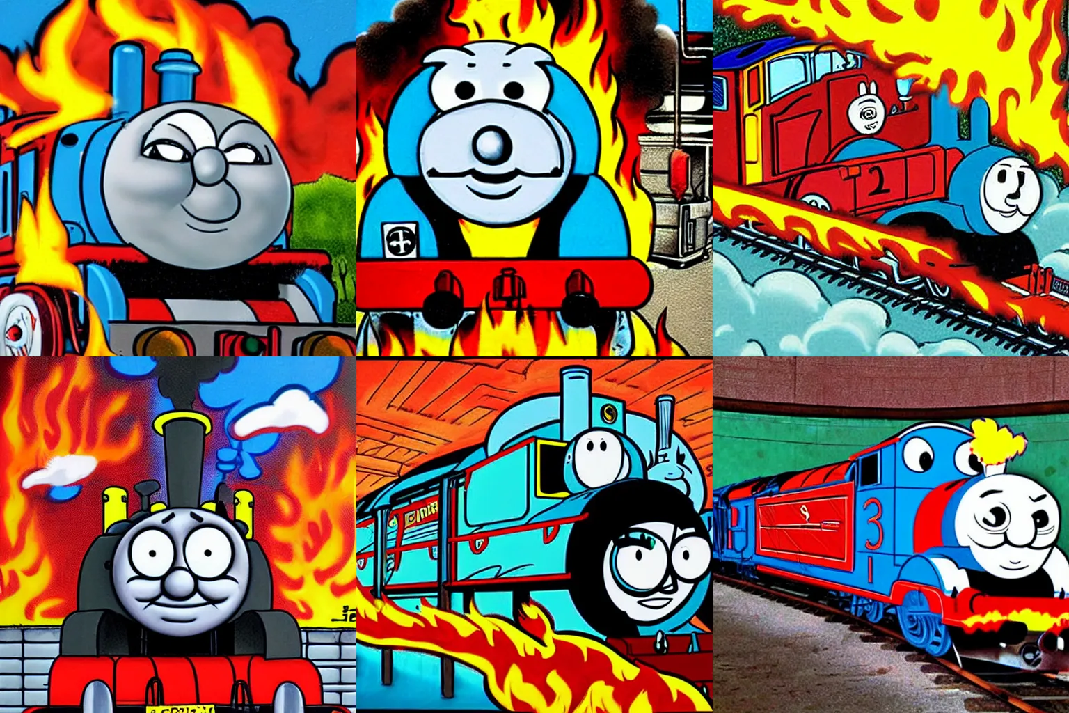 Prompt: evil thomas the train engine breathing fire, Jim davis, comic, graffiti, tony depew