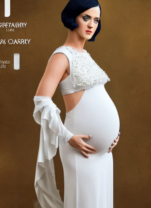 Image similar to cinematic photography of pregnant katy perry in a white dress, intricate, elegant, highly detailed, smooth, sharp focus, symmetrical face, fine details, masterpiece, trending on artstation, 4 k hdr 3 5 mm photography