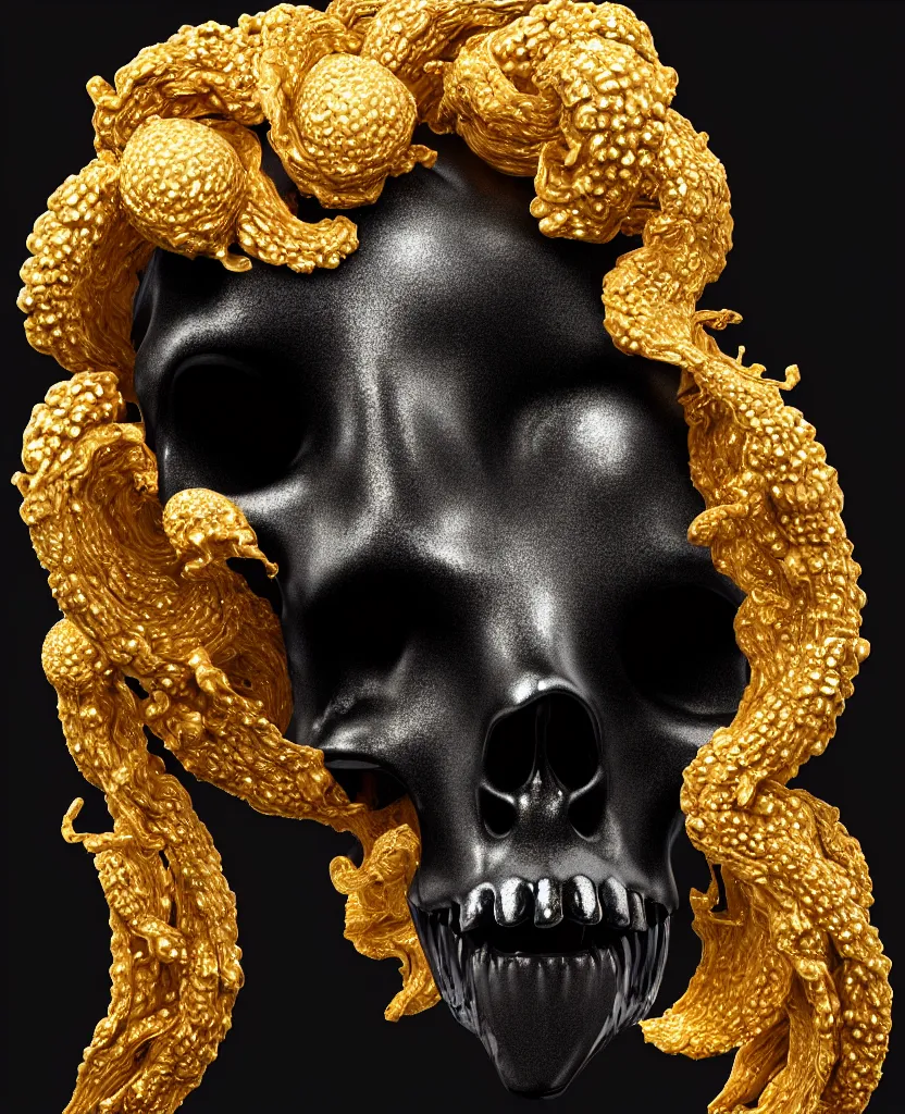 Image similar to fully black background. background hex 000000. goddess princess face close-up portrait ram skull. sculpture made of gold and black charcoal. jellyfish phoenix head, nautilus, orchid, skull, betta fish, bioluminiscent creatures, intricate artwork by Tooth Wu and wlop and beeple. octane render, trending on artstation, greg rutkowski very coherent symmetrical artwork. cinematic, hyper realism, high detail, octane render, 8k