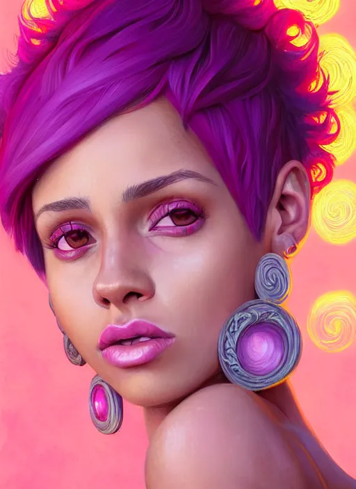 Image similar to portrait of vanessa morgan with bright pink hair, curly pixie cut hair, wearing a purple breton cap, breton cap, hoop earrings, intricate, elegant, glowing lights, highly detailed, digital painting, artstation, concept art, smooth, sharp focus, illustration, art by wlop, mars ravelo and greg rutkowski