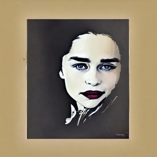 Image similar to Street-art portrait of emilia clarke in style of Banksy, photorealism