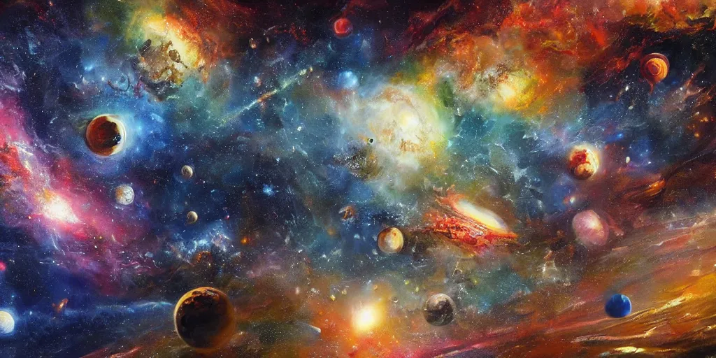 Prompt: A highly detailed, very colorful, matte oil painting of outer space, with lots of planets, stars, galaxies, and nebulas, by Greg Rutkowski and Afremov