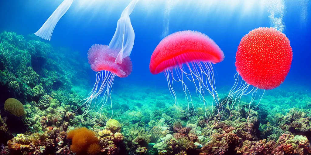 Image similar to full - length professional photo underwater coral reefe landscape wild nature with a transparent big flying jellyfish, ultra high detailed, volumetric lightning, photo by david doubilet