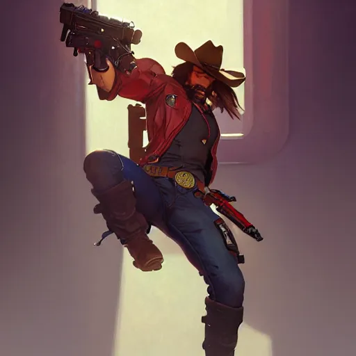 Image similar to Jesse McCree by Stanley Artgerm Lau, greg rutkowski, thomas kindkade, alphonse mucha, loish, Norman Rockwell, Overwatch, upper body, muscular, cowboy, concept art, game art, digital painting, digital art, portrait