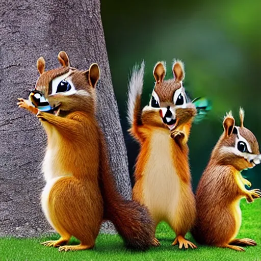 Image similar to alvin and the chipmunks, real life size, real life squirrels