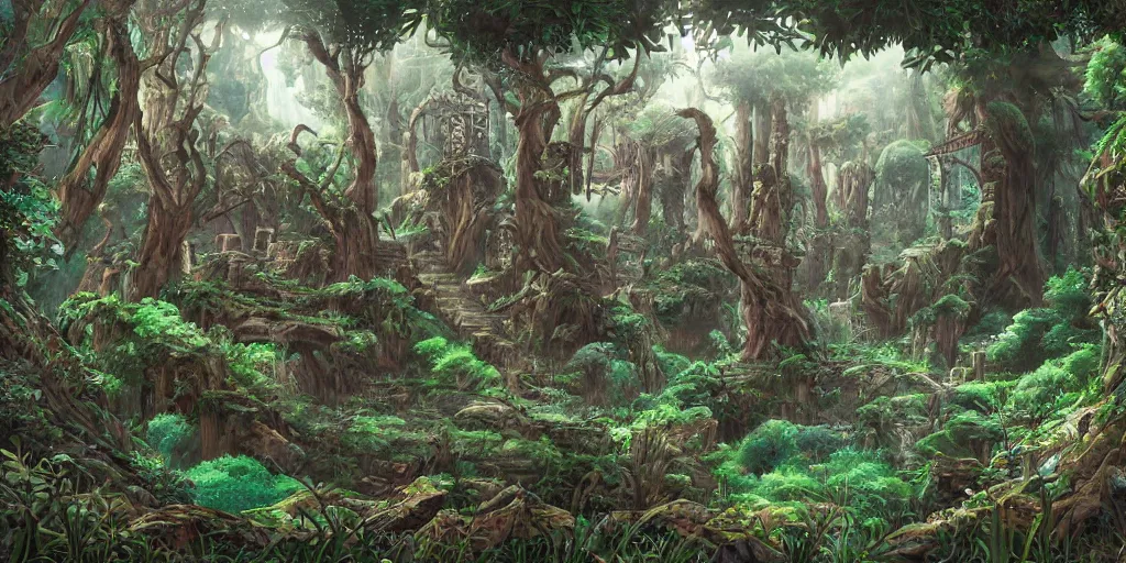 Image similar to ancient magical overgrown ruins, mysetrious etherial mesmerizing atmosphere, beautiful lighting, secret runestones, nordic forest, extremely intricate, hyper detailed, hd, legend of zelda, studio ghibli art, masterpiece