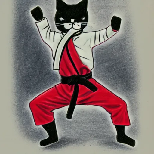 Prompt: drawing of a humanoid cat wearing a karate uniform in fighting pose