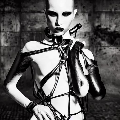 Image similar to fashion photography of an extraterrestrial model, holding a leather whip, wearing demobaza fashion, inside berghain, berlin fashion, harness, futuristic fashion, dark minimal outfit, photo 3 5 mm leica, hyperdetail, berghain, 8 k, very detailed, photo by nick knight