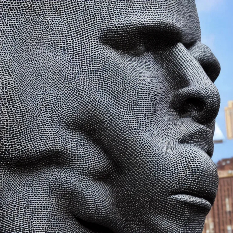 Image similar to enormous geometric accurate sculpture of tom cruise sticking out his tongue, beautiful symmetrical!! face accurate face detailed face realistic proportions, made of chain mail and plate armor on a pedestal by ron mueck and frank frazzetta, cinematic lighting shocking detail 8 k