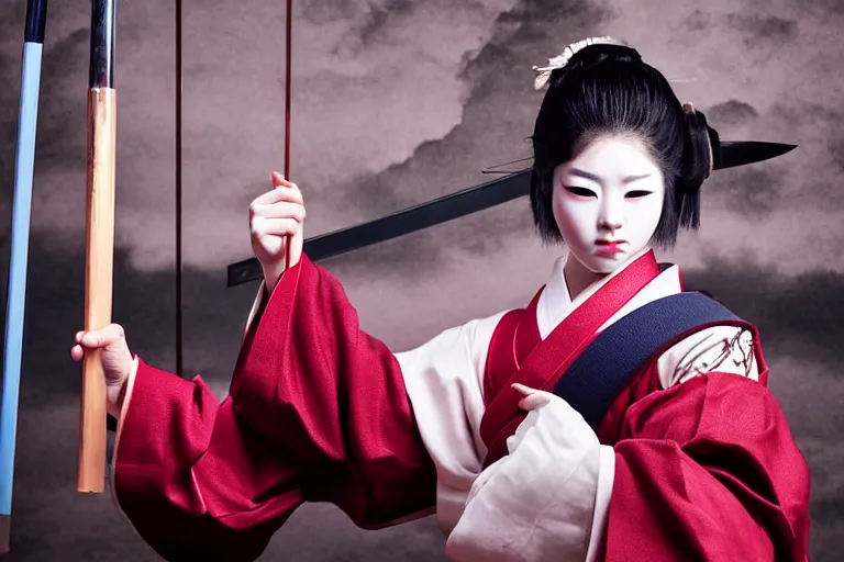 Image similar to beautiful photo of a young modern geisha samurai practising the sword in a traditional japanese temple, mid action swing, beautiful eyes, huge oversized sword, award winning photo, muted pastels, action photography, 1 / 1 2 5 shutter speed, dramatic lighting, anime set style