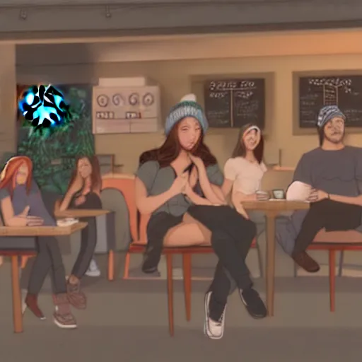 Image similar to hot girls sitting at starbucks being drawn by creepy guy in beanie, 8 k resolution, cinematic lighting, anatomically correct
