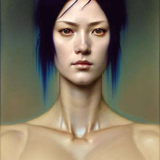 Image similar to Masterpiece head and shoulder portrait of Major Kusanagi from Ghost in the Shell drawn by Donato Giancola and Tom Bagshaw, face by Artgerm and Edmund Leighton, Alphonse Mucha, background by James Jean and Gustav Klimt, 4k, porcelain skin, komorebi, french nouveau, trending on artstation, octane render, hyperrealistic