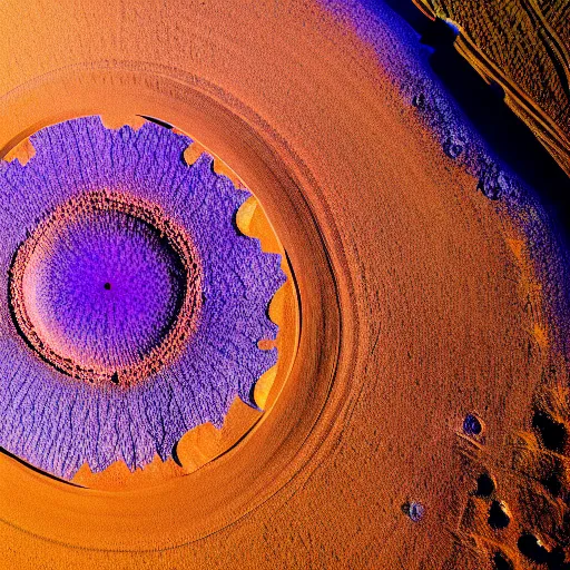 Image similar to landscape photo of a crater in the desert that mimics the shape and macro!!! detail!!! of an iris! and pupil!, centered!! high detail, drone photo, golden hour, medium format