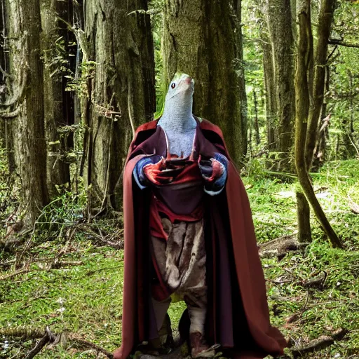 Image similar to medieval cloak wearing anthro lizard, photograph captured in the woods