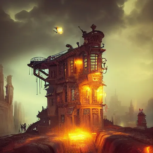 Image similar to a flying steampunk fortress, intricate, behrens style, octane render, fantasy digital art, beautiful composition, trending on artstation, night, meteors, lightning!!! storm, dramatic lighting, red glow, eldritch