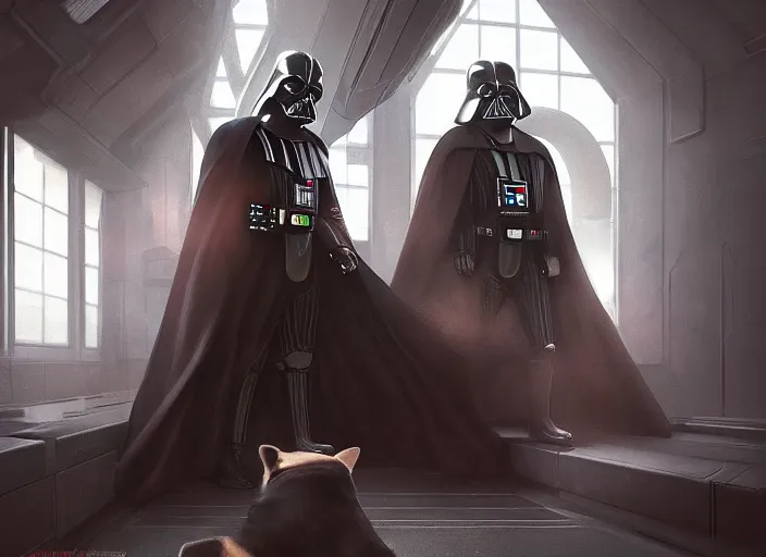 Prompt: a Photorealistic dramatic hyperrealistic render of darth vader facing off against a cute corgi, futuristic star wars vibe, by WLOP and Artgerm and Greg Rutkowski and Alphonse Mucha, Beautiful dynamic dramatic dark moody lighting, shadows, cinematic atmosphere, Artstation, concept design art, Octane render, 8K, masterpiece, sharp focus