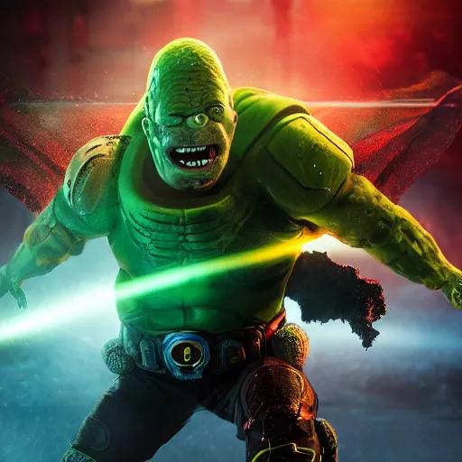Image similar to pickle rick as superman in gears of war, splash art, movie still, detailed face, photorealistic facial features, cinematic lighting, dramatic, octane render, long lens, shallow depth of field, bokeh, anamorphic lens flare, 8 k, hyper detailed, 3 5 mm film grain
