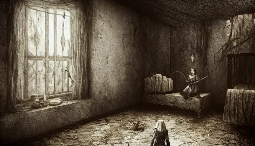 Image similar to in the long past, a alone child, alone in the darkside, cold place, mother of witchers in there, shaodws breathing, spirits in the dark, real atmosphere, old home decor, crossbreeding, rainy window