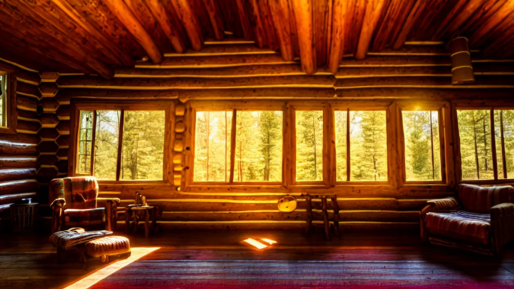 Image similar to inside an old log cabin, the summer midday light comes in through a window and dimly illuminates the room, softened diffuse light, photorealism, photo taken with canon EOS 5D and 35 mm lens