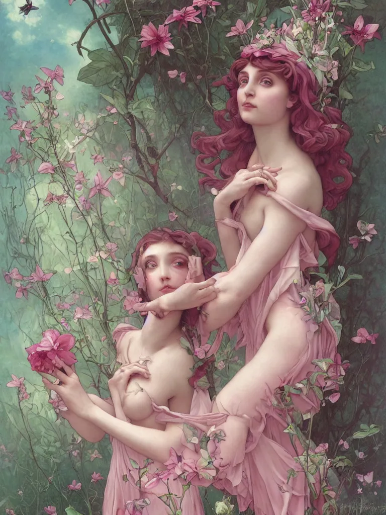Image similar to one pink fairy with large wings exploring her lonely flower garden by herself in the style of tom bagshaw, william bouguereau, lois van baerle, ilya kuvshinov, alphonse mucha, extremely detailed, muted colors, symmetrical face, large eyes, beautiful face