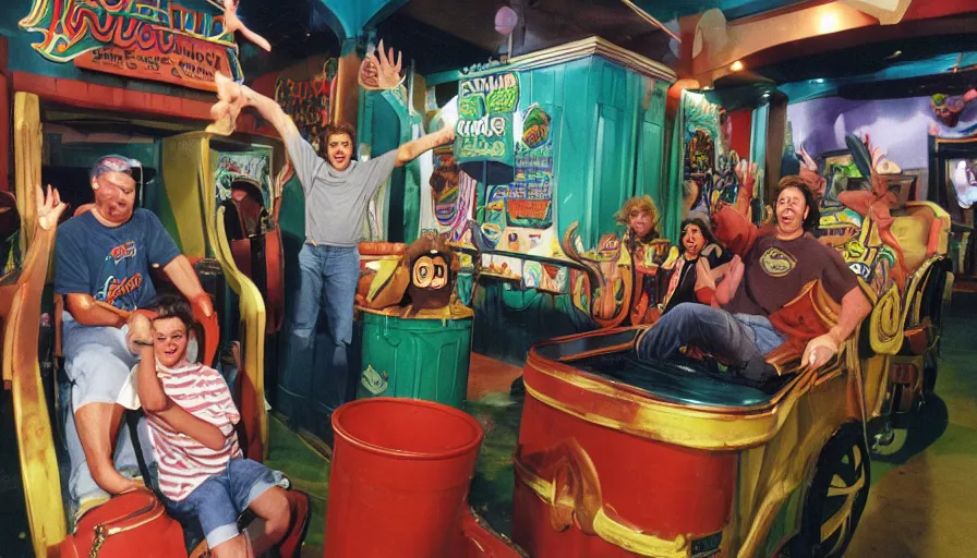 Image similar to 1990s photo of inside the Doug Funny Show ride at Universal Studios in Orlando, Florida, riding a trash can through Doug's town , cinematic, UHD