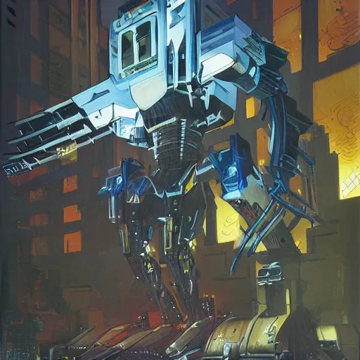 Image similar to brightly lit sleek futuristic combat mecha with long multisegmented arms slicing through buildings by boris groh, brian despain, gerald brom. rich colors