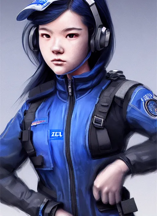 Image similar to full body portrait of a blue techwear uniform girl with guns. detailed face, concept art, digital art, intricate, highly detailed 8 k, smooth, sharp focus, beautiful and aesthetic shape of face and body, artgerm, artstation, art by zexi guo and nira and kafun and gharliera and rinotuna