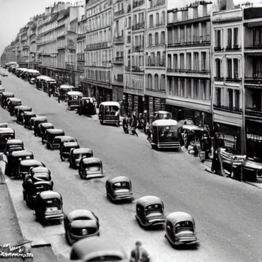 Prompt: une rue de paris vide avec des voitures garees en 1 9 5 5