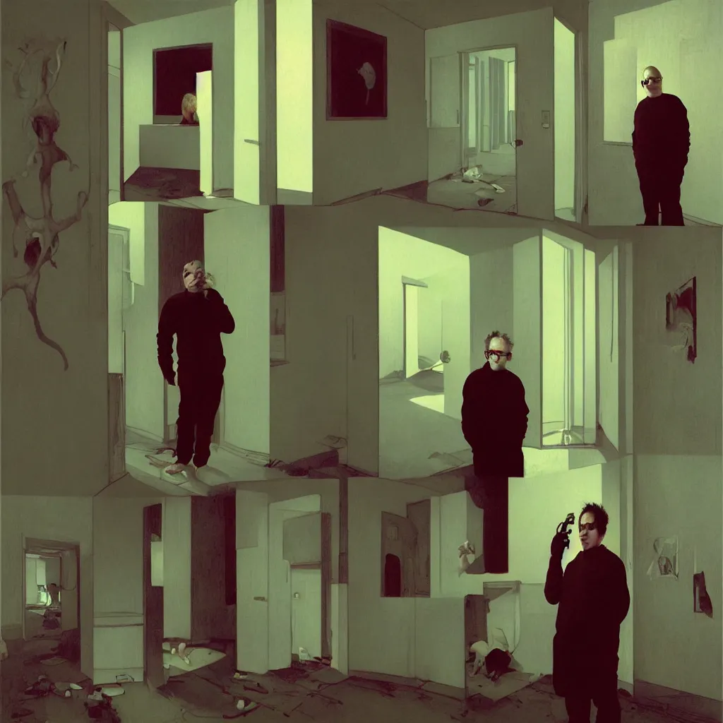 Image similar to weird and disturbing portrait of todd solondz standing alone in an empty appartment, vivid colors, neon, art by gregory crewdson and francis bacon and artgerm and wlop and william - adolphe bouguereau