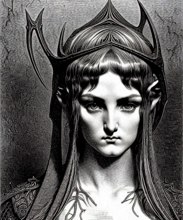 Prompt: symmetrical portrait of a frowning beautiful elf girl. extremely high details, perfect face, black and white, masterpiece engraving by gustave dore, jean giraud, philippe druillet, frederic leighton