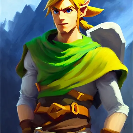 Image similar to Greg Manchess portrait painting of Link from Legend of Zelda as Overwatch character, medium shot, asymmetrical, profile picture, Organic Painting, sunny day, Matte Painting, bold shapes, hard edges, street art, trending on artstation, by Huang Guangjian and Gil Elvgren and Sachin Teng