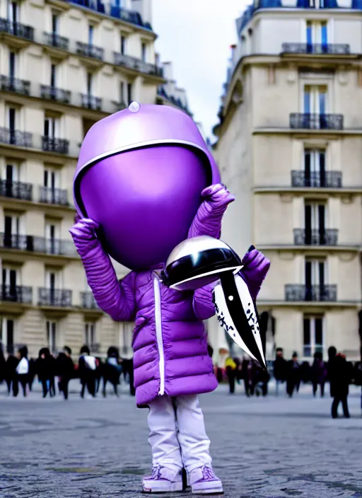 Image similar to purple alien wearing white puffer jacket, in paris, they hold a model ufo, anime frame, beautiful composition,