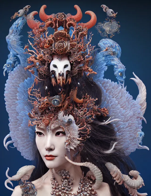 Image similar to 3 d goddess of hell close - up profile portrait with ram skull. beautiful intricately detailed japanese crow kitsune mask and clasical japanese kimono. betta fish, jellyfish phoenix, bio luminescent, plasma, ice, water, wind, creature, artwork by tooth wu and wlop and beeple and greg rutkowski