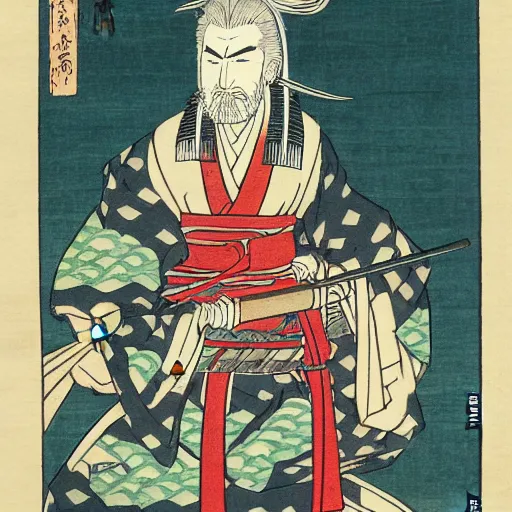 Image similar to Japanese woodblock print of geralt of rivia holding a samurai sword , cherry blossom, Hokusai