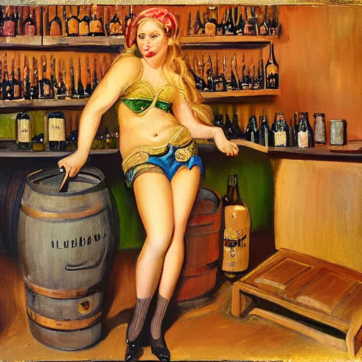Prompt: hot blonde working in a wine cellar, food, pork, beer, schnapps, rustic, traditional, torches on the wall, delicate embellishments, painterly, offset printing technique, photographed on kodachrome by brom, robert henri, walter popp