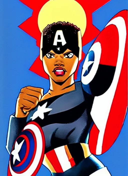 Image similar to beautiful black female captain america. afro - feminist captain america wins wwii. american wwii propaganda poster by james gurney, rob liefeld and pixar. gorgeous face. overwatch, realistic. black power