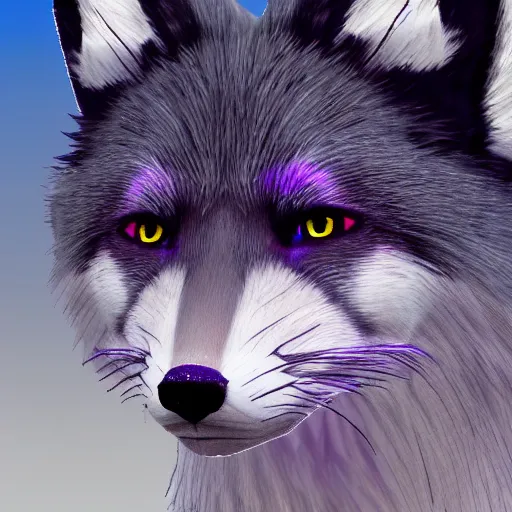 Image similar to second life game screenshot close up of a fluffy black fox with pretty purple eyes