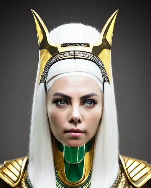 Image similar to perfect white haired attractive egyptian goddess, warframe armor, pharaoh headdress, beautiful, symmetric, dreamy, half asian, pretty face, green eyes, charlize theron, detailed, scifi platform, laboratory, experiment, 4 k, ultra realistic, epic lighting, android body, illuminated, cinematic, masterpiece, art by akihito tsukushi, voidstar