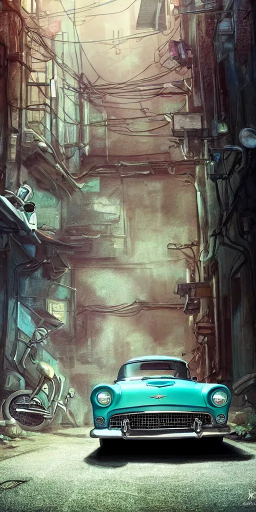 Image similar to a wholesome animation key shot of a focused old 1955 Ford Thunderbird car parked in an abandoned alleyway, medium shot, waist up, studio Ghibli, Pixar and Disney animation, sharp, very detailed, high resolution, Rendered in Unreal Engine 5, anime key art by Greg Rutkowski, Bloom, dramatic lighting