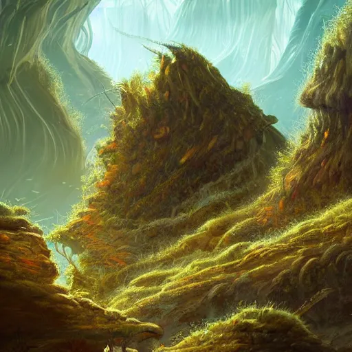 Prompt: An otherworldly landscape with alien plants and strange animals, gorgeous, trending on Artstation, digital art.