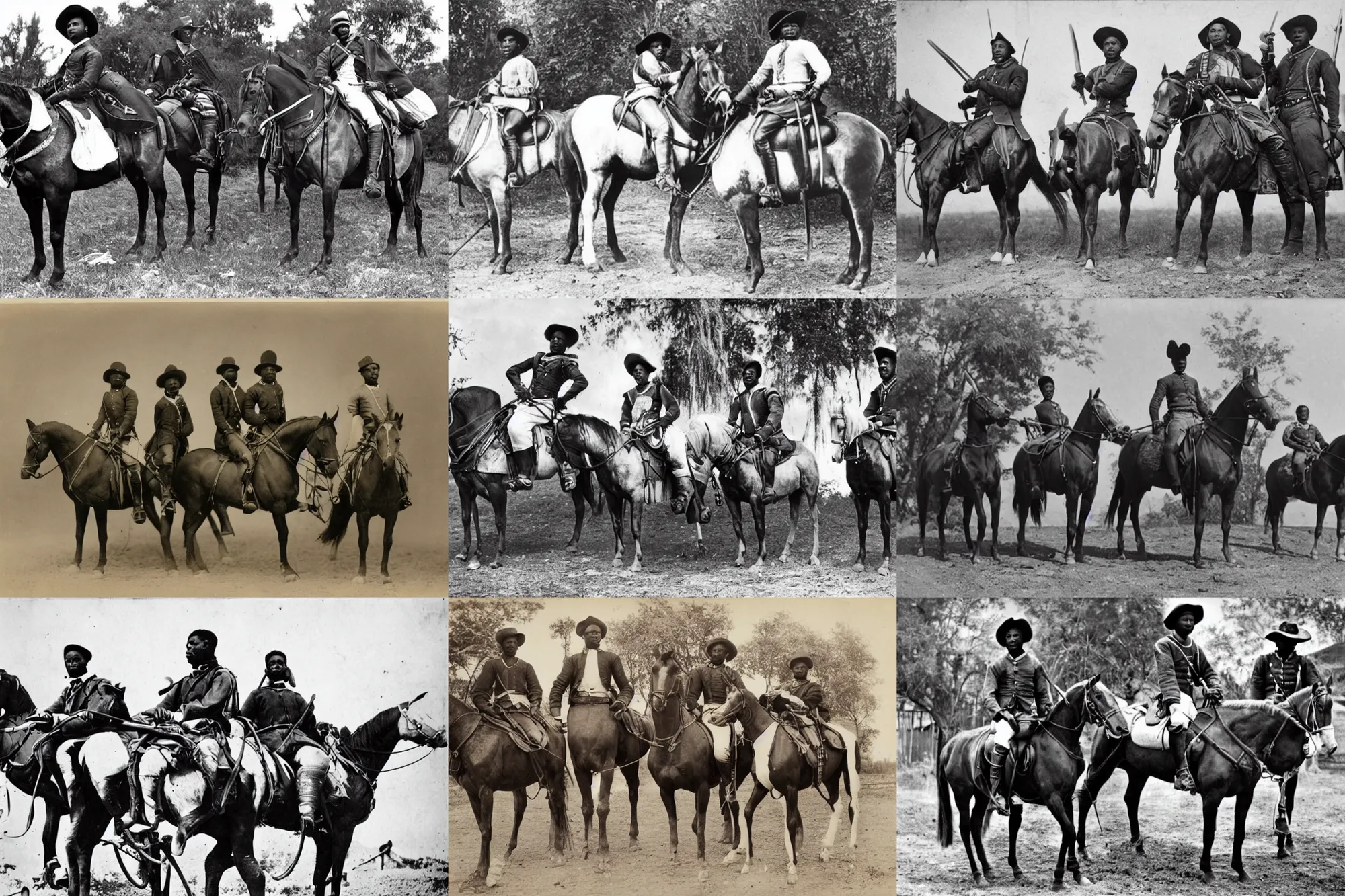 Prompt: the three african american musketeers sitting on their horses, epic angle