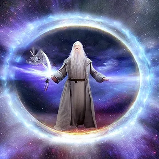 Prompt: “Warship enters lucid dream via portal being held by Gandalf, hyper realistic”